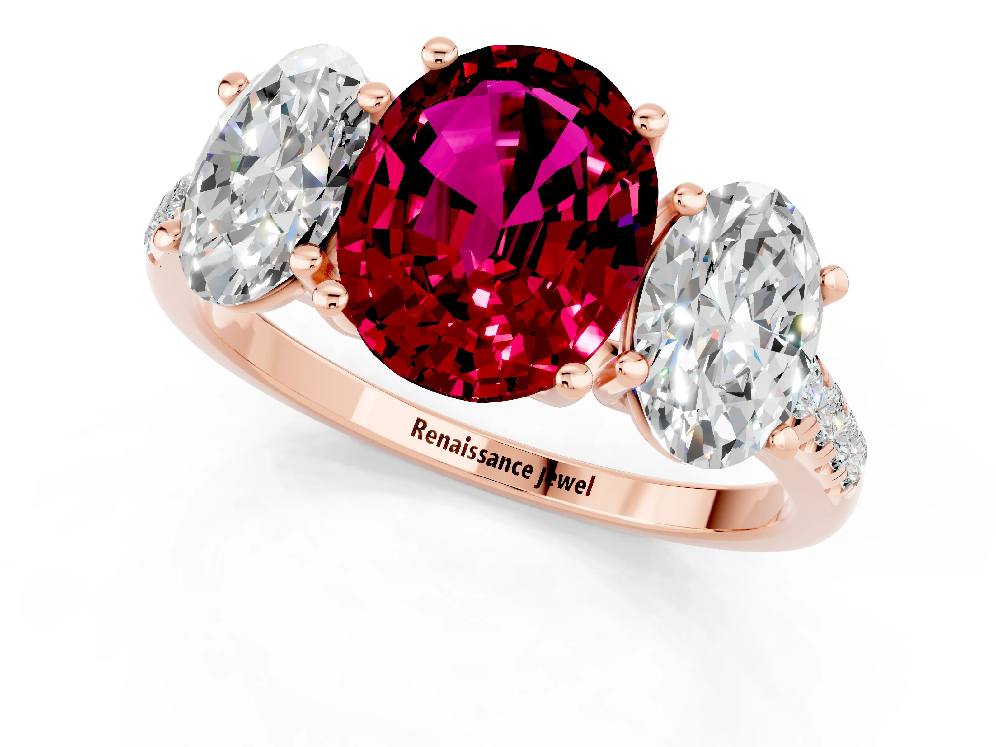 Rose gold Three-Stone Oval Cut Garnet Ring with Pavé Band and Prong Setting_13