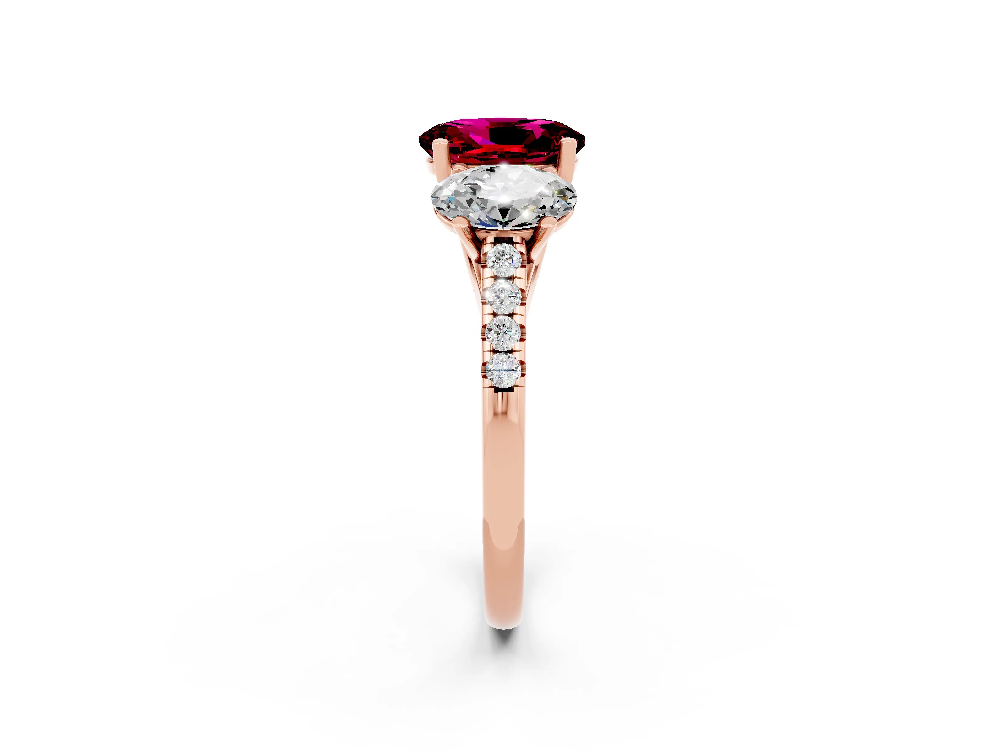 Rose gold Three-Stone Oval Cut Garnet Ring with Pavé Band and Prong Setting_14