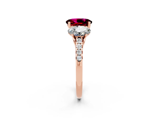 Rose gold Three-Stone Oval Cut Garnet Ring with Round  Pavé Band and Prong Setting