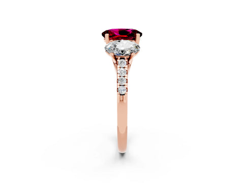 Rose gold Three-Stone Oval Cut Garnet Ring with Pavé Band and Prong Setting_14