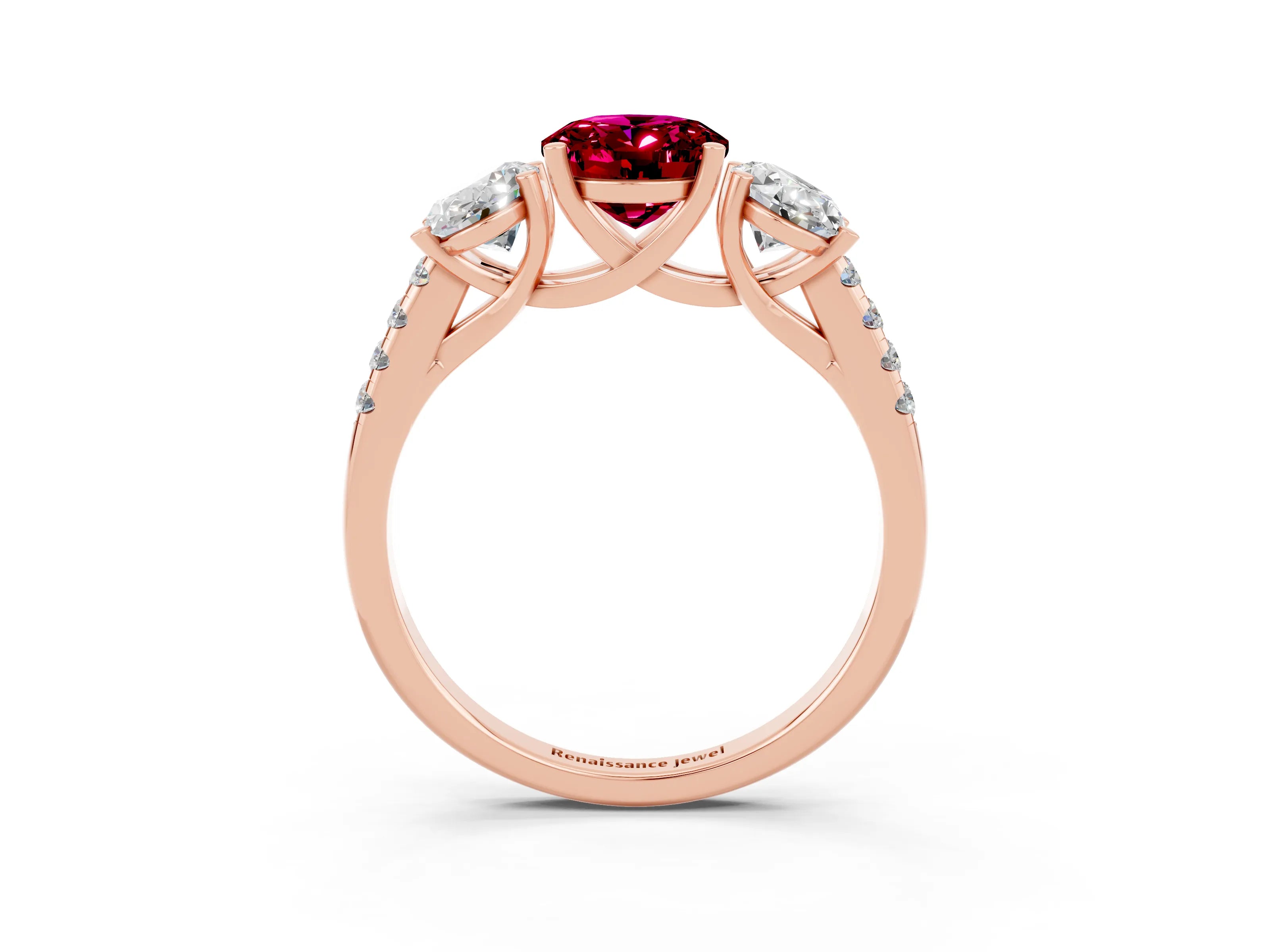 Rose gold Three-Stone Oval Cut Garnet Ring with Pavé Band and Prong Setting_15