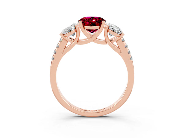 Rose gold Three-Stone Oval Cut Garnet Ring with Round  Pavé Band and Prong Setting