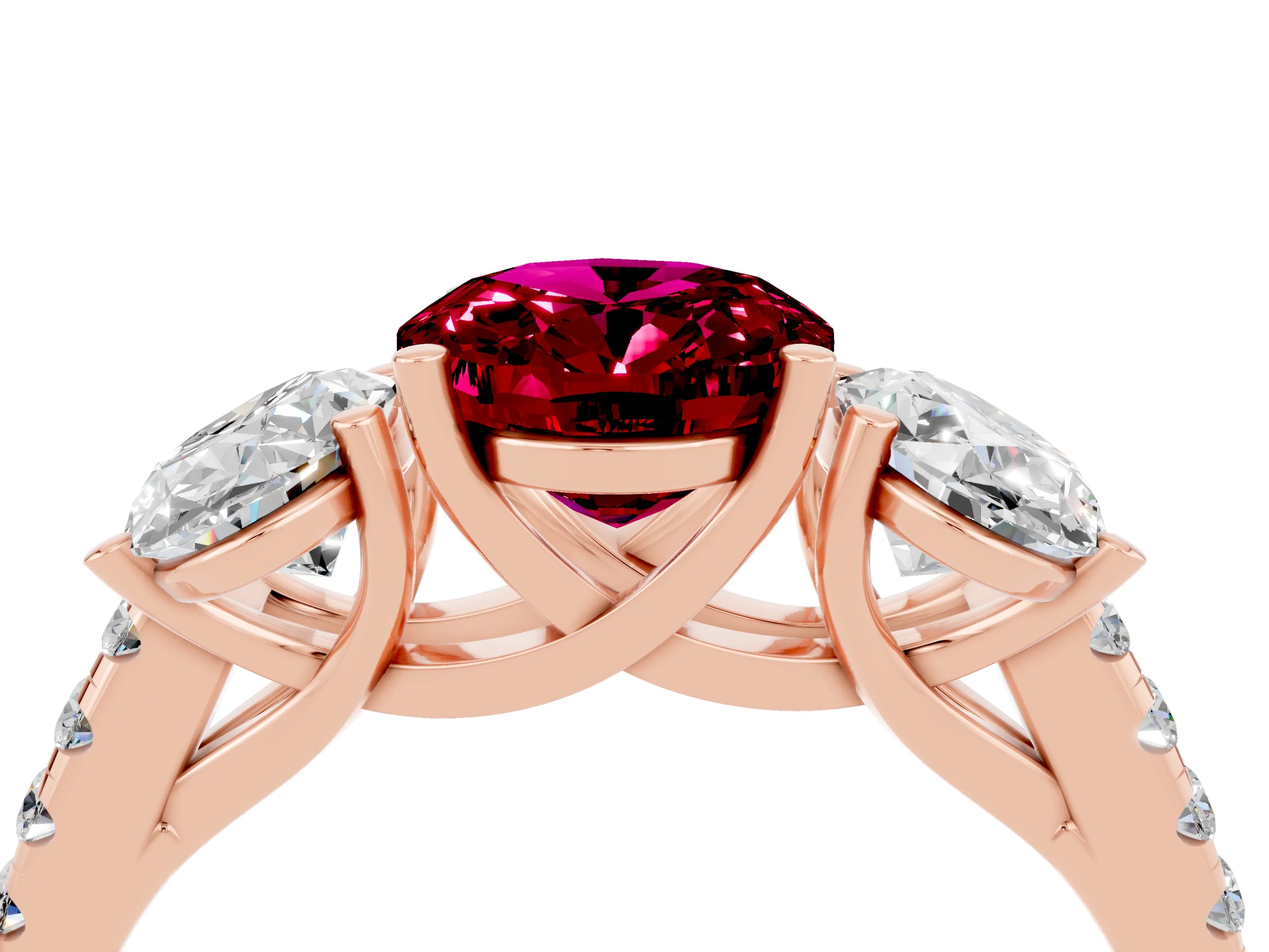 Rose gold Three-Stone Oval Cut Garnet Ring with Pavé Band and Prong Setting_16