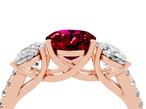 Rose gold Three-Stone Oval Cut Garnet Ring with Pavé Band and Prong Setting_16