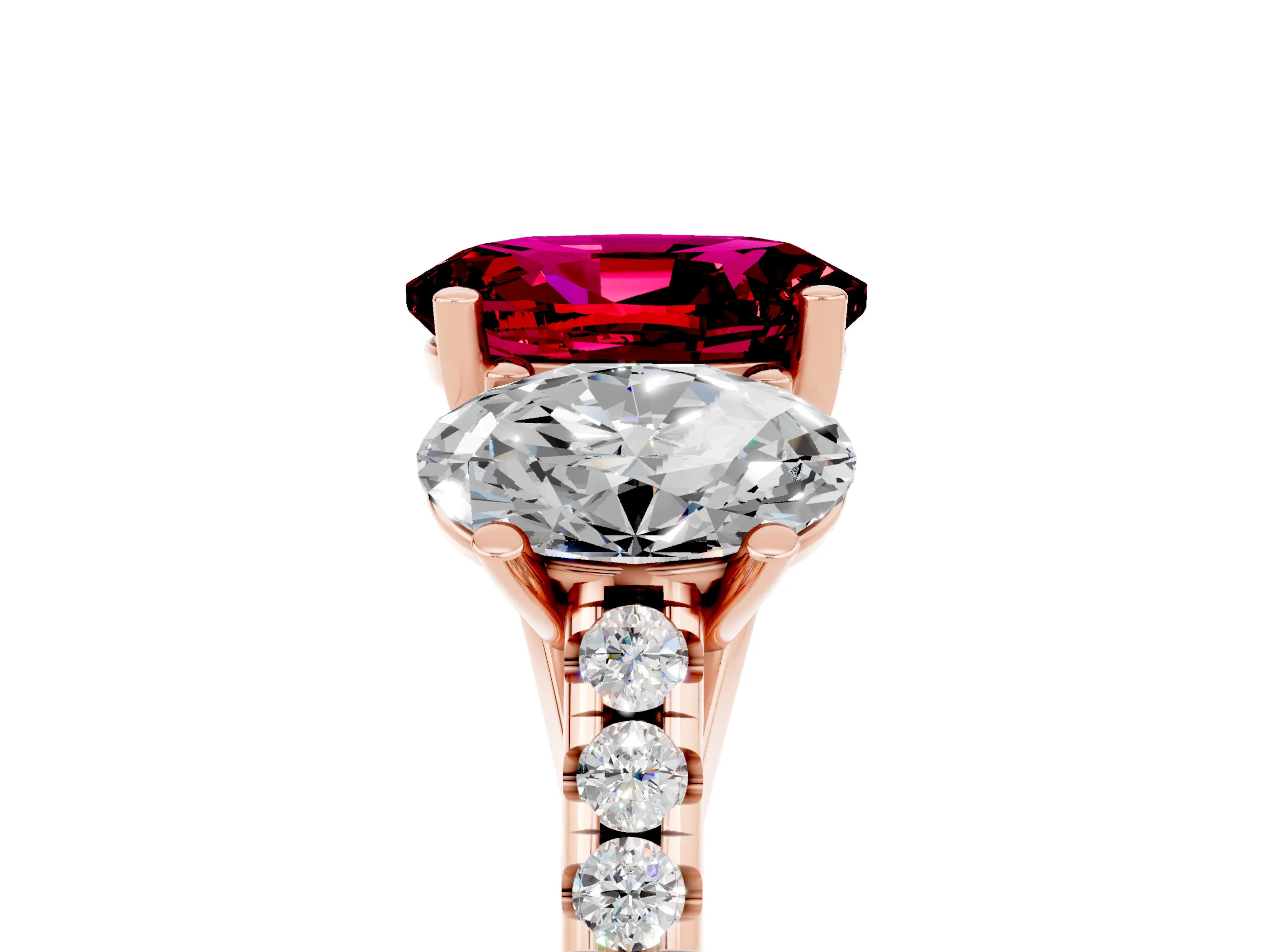 Rose gold Three-Stone Oval Cut Garnet Ring with Pavé Band and Prong Setting_17