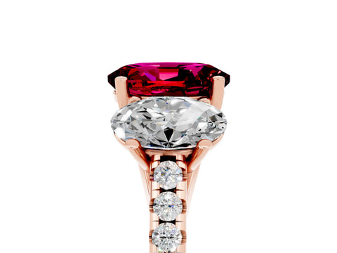 Rose gold Three-Stone Oval Cut Garnet Ring with Pavé Band and Prong Setting_17
