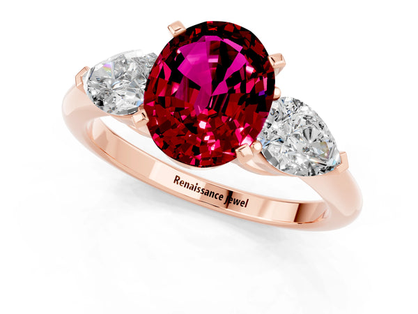 Rose gold Three-Stone Oval Cut Garnet Ring with Pear Side Stones and Four-Prong Setting