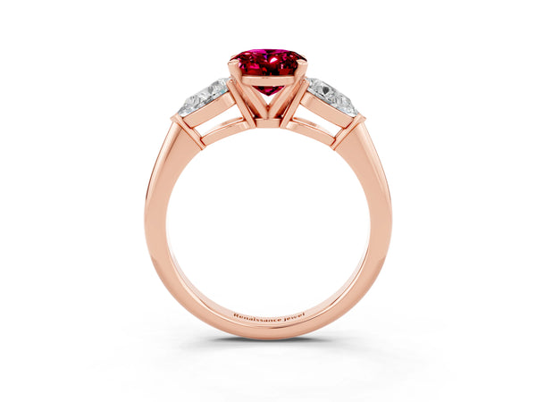 Rose gold Three-Stone Oval Cut Garnet Ring with Pear Side Stones and Four-Prong Setting