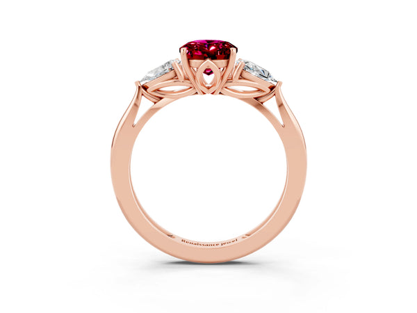 Rose gold Three-Stone Oval Cut Garnet Ring with Pear  Side Stones in Four-Prong Setting