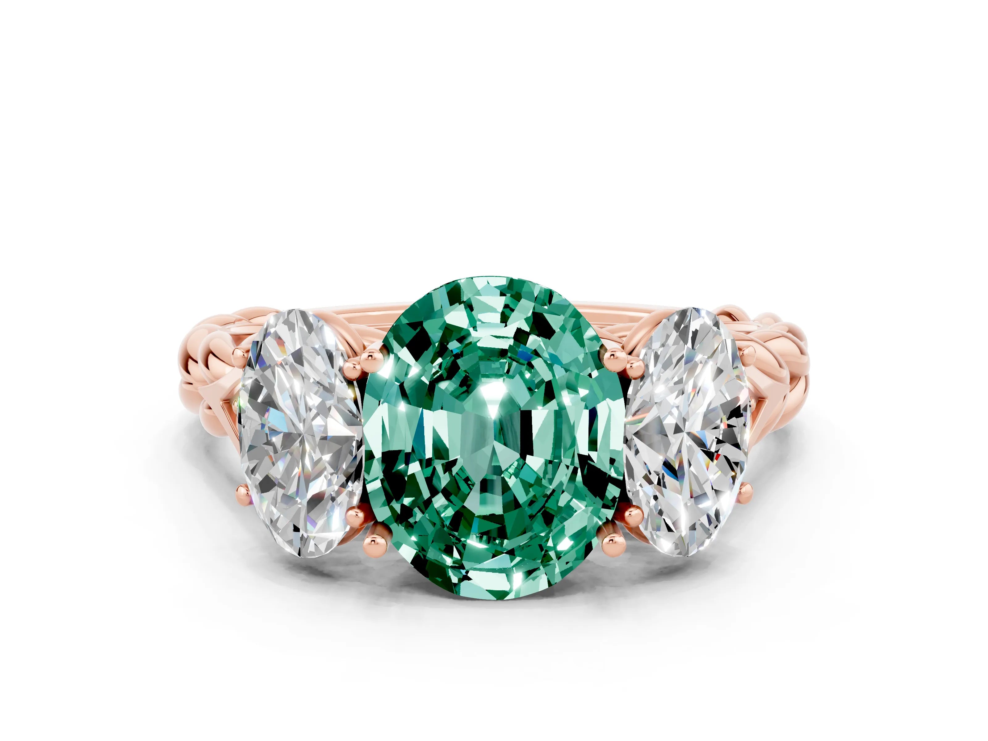 Rose gold Three-Stone Oval Cut Green Sapphire Braided Band Ring with Four-Prong Setting_12