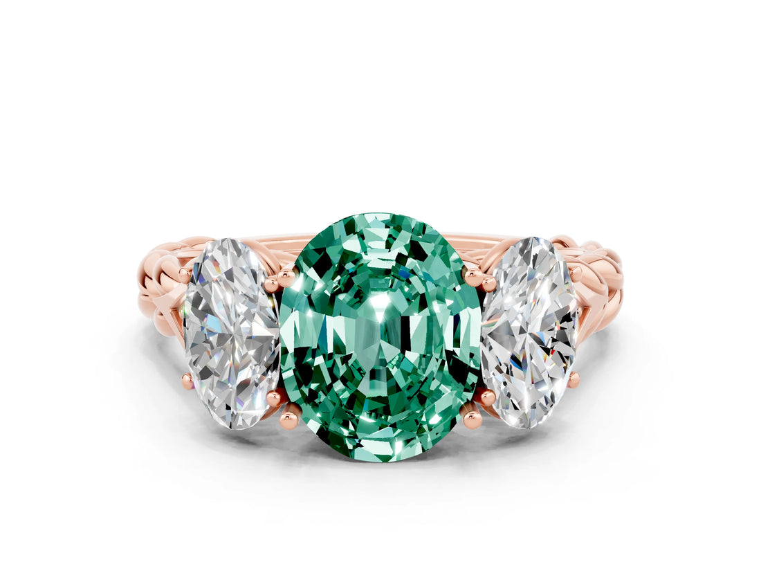 Rose gold Three-Stone Oval Cut Green Sapphire Braided Band Ring with Four-Prong Setting_12