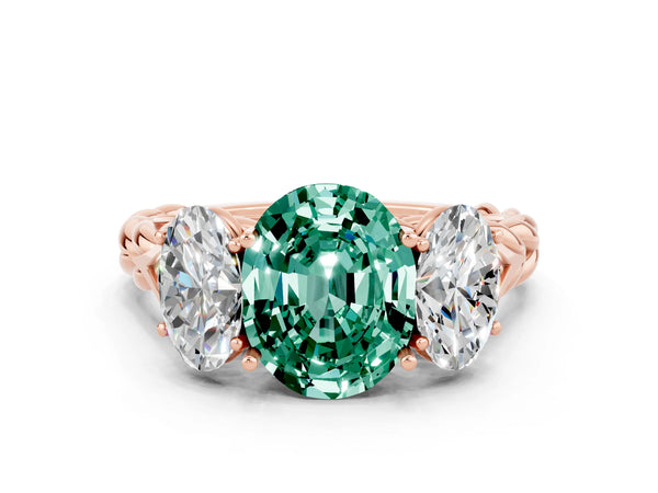 Rose gold Three-Stone Oval Cut Green Sapphire Braided Band Ring with Four-Prong Setting