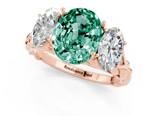 Rose gold Three-Stone Oval Cut Green Sapphire Braided Band Ring with Four-Prong Setting