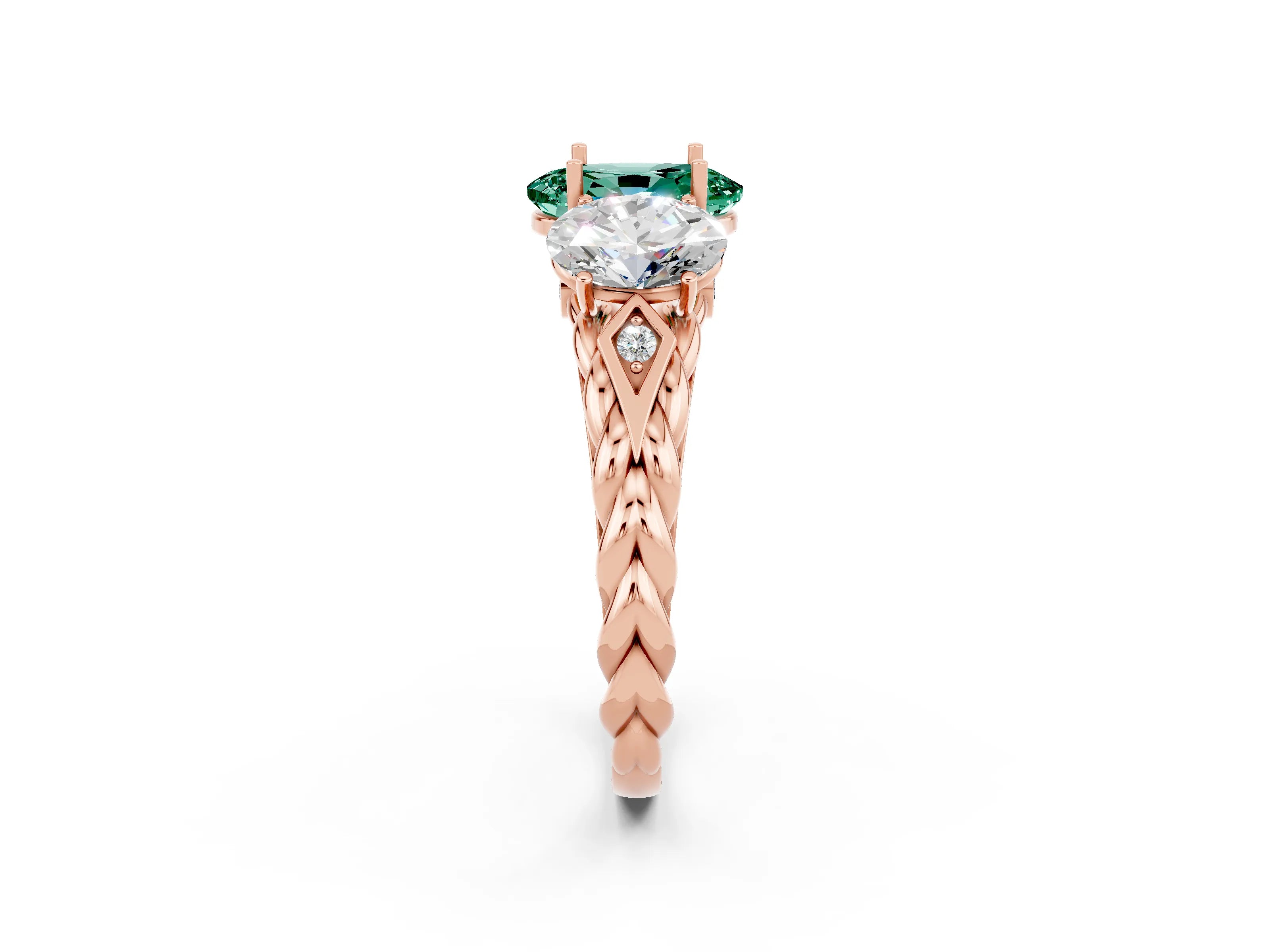 Rose gold Three-Stone Oval Cut Green Sapphire Braided Band Ring with Four-Prong Setting_14