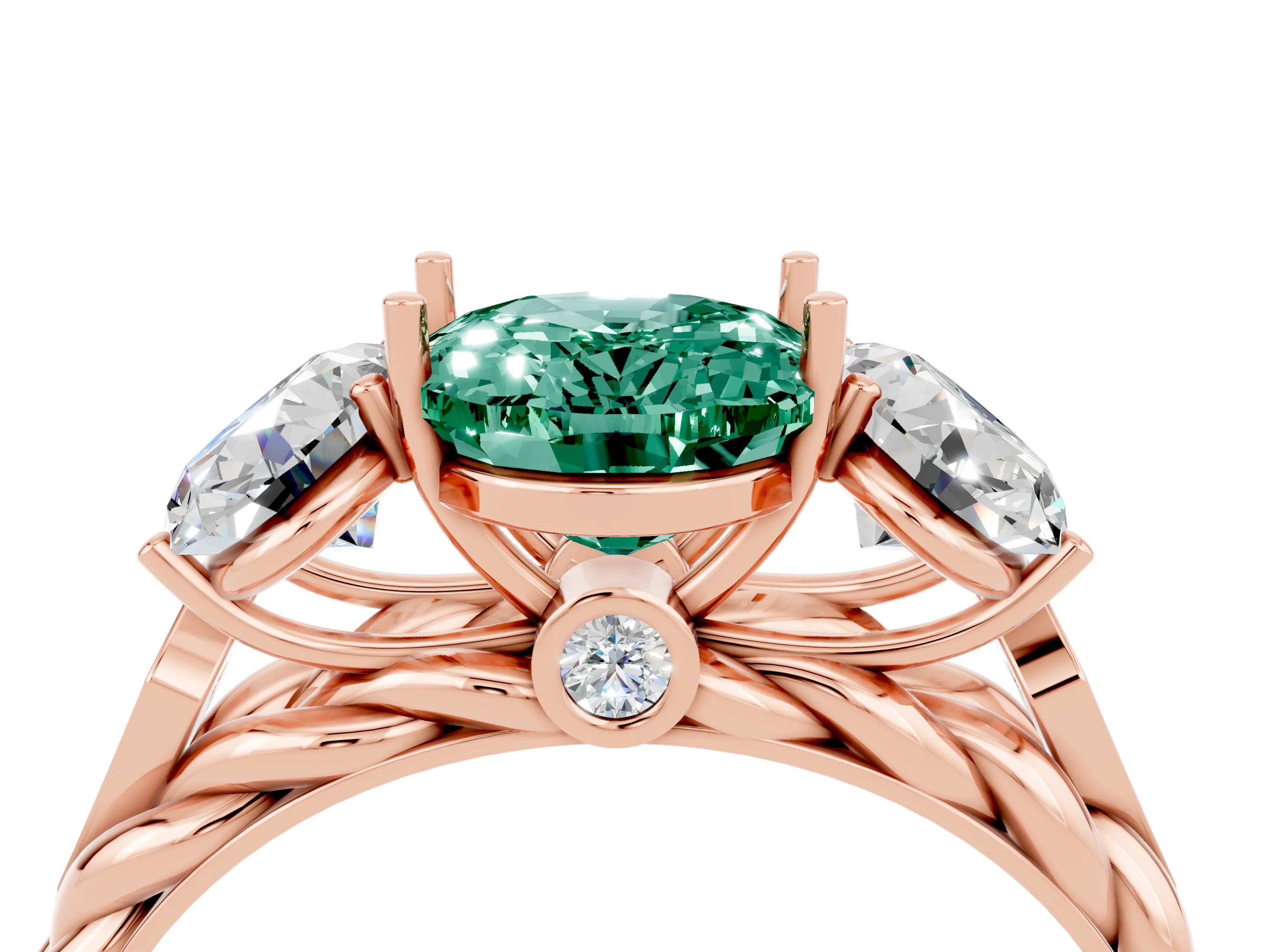 Rose gold Three-Stone Oval Cut Green Sapphire Braided Band Ring with Four-Prong Setting_16