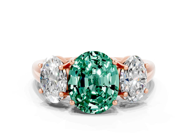Rose gold Three-Stone Oval Cut Green Sapphire Engagement Ring with Prong Setting