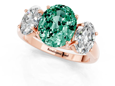 Rose gold Three-Stone Oval Cut Green Sapphire Engagement Ring with Prong Setting_1