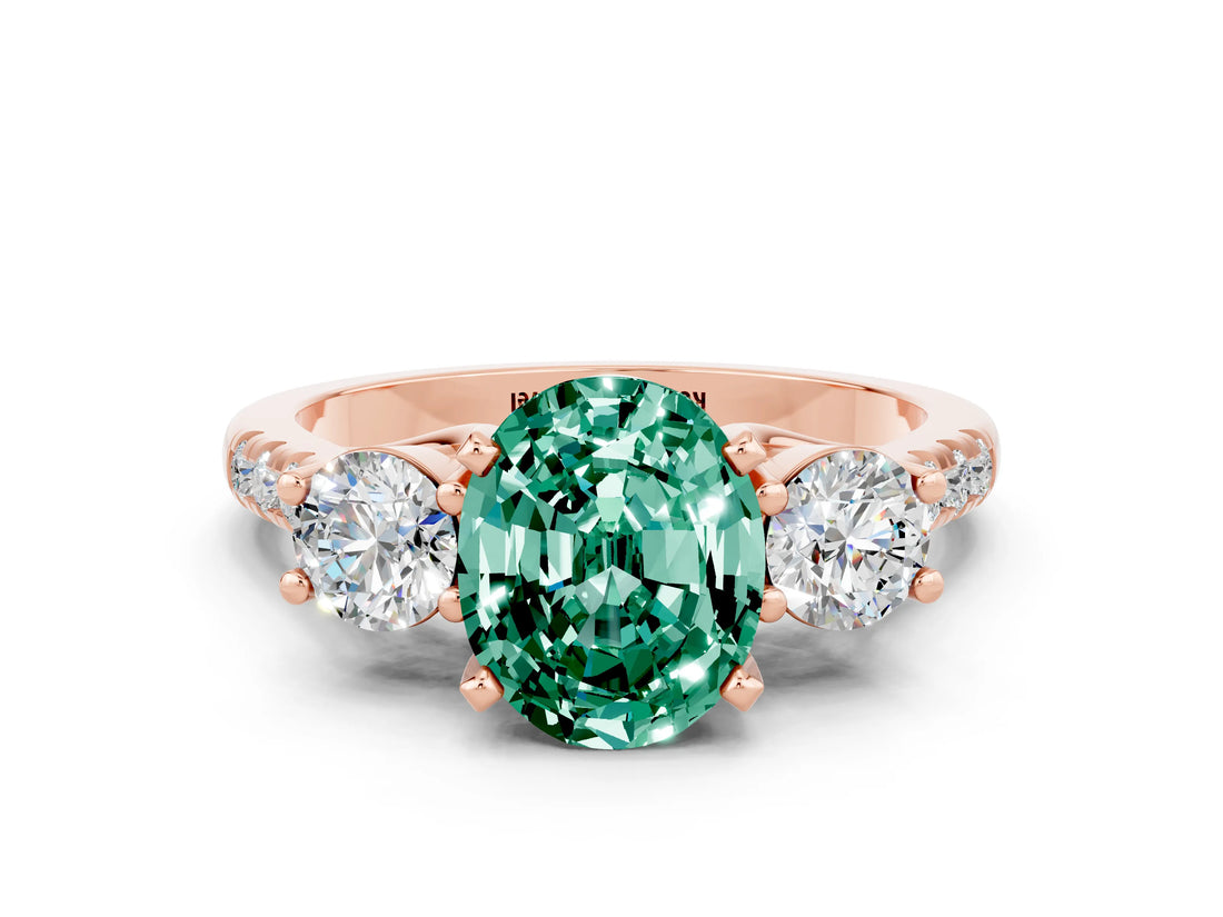 Rose gold Three-Stone Oval Cut Green Sapphire Pavé Band with Four-Prong Setting