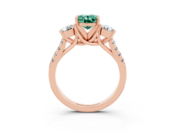 Rose gold Three-Stone Oval Cut Green Sapphire Pavé Band with Four-Prong Setting