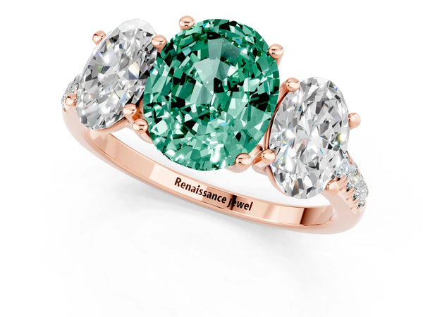 Rose gold Three-Stone Oval Cut Green Sapphire Ring with Round  Pavé Band and Prong Setting
