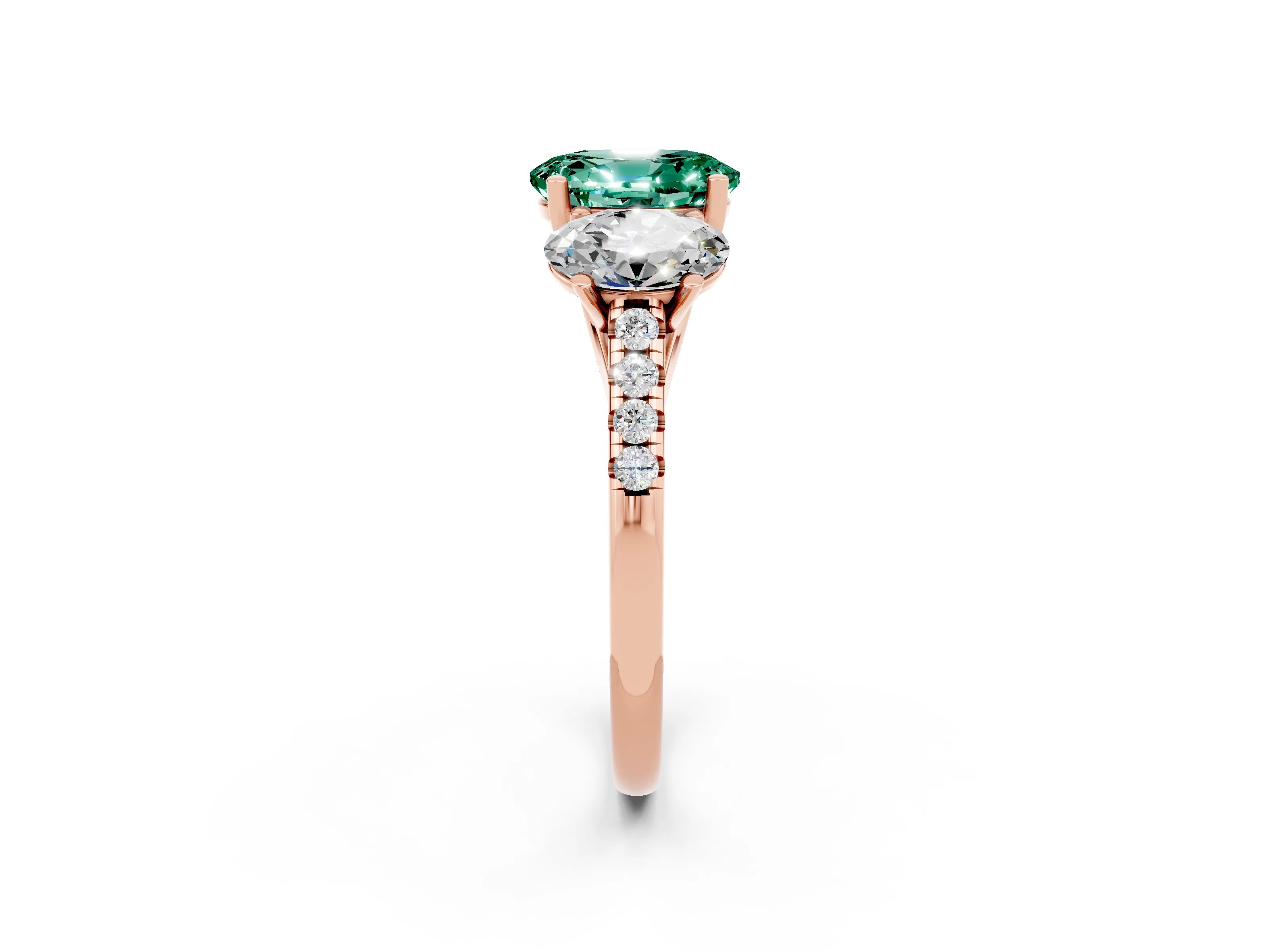 Rose gold Three-Stone Oval Cut Green Sapphire Ring with Pavé Band and Prong Setting_14