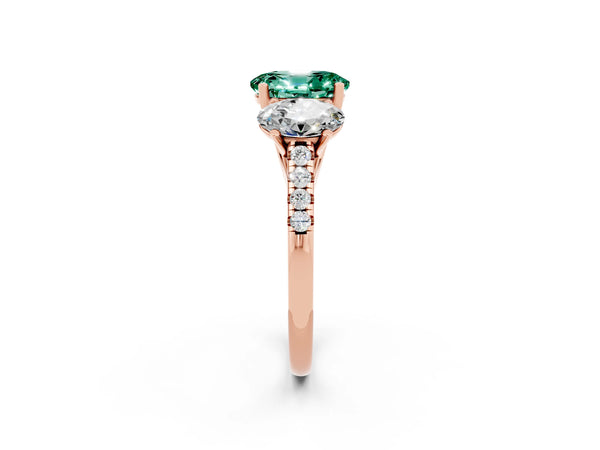 Rose gold Three-Stone Oval Cut Green Sapphire Ring with Round  Pavé Band and Prong Setting