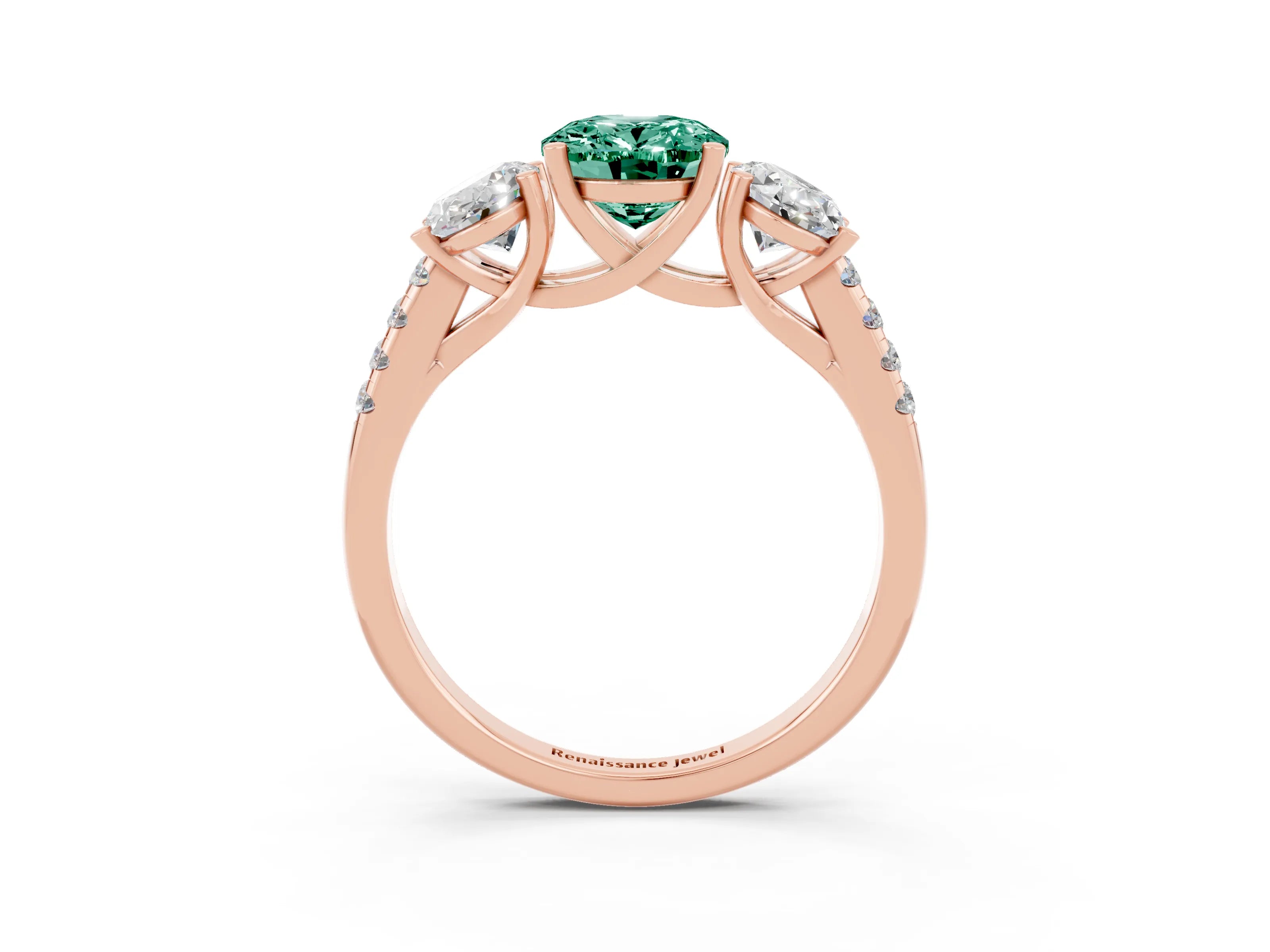 Rose gold Three-Stone Oval Cut Green Sapphire Ring with Pavé Band and Prong Setting_15