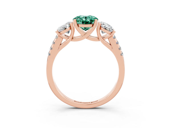 Rose gold Three-Stone Oval Cut Green Sapphire Ring with Round  Pavé Band and Prong Setting