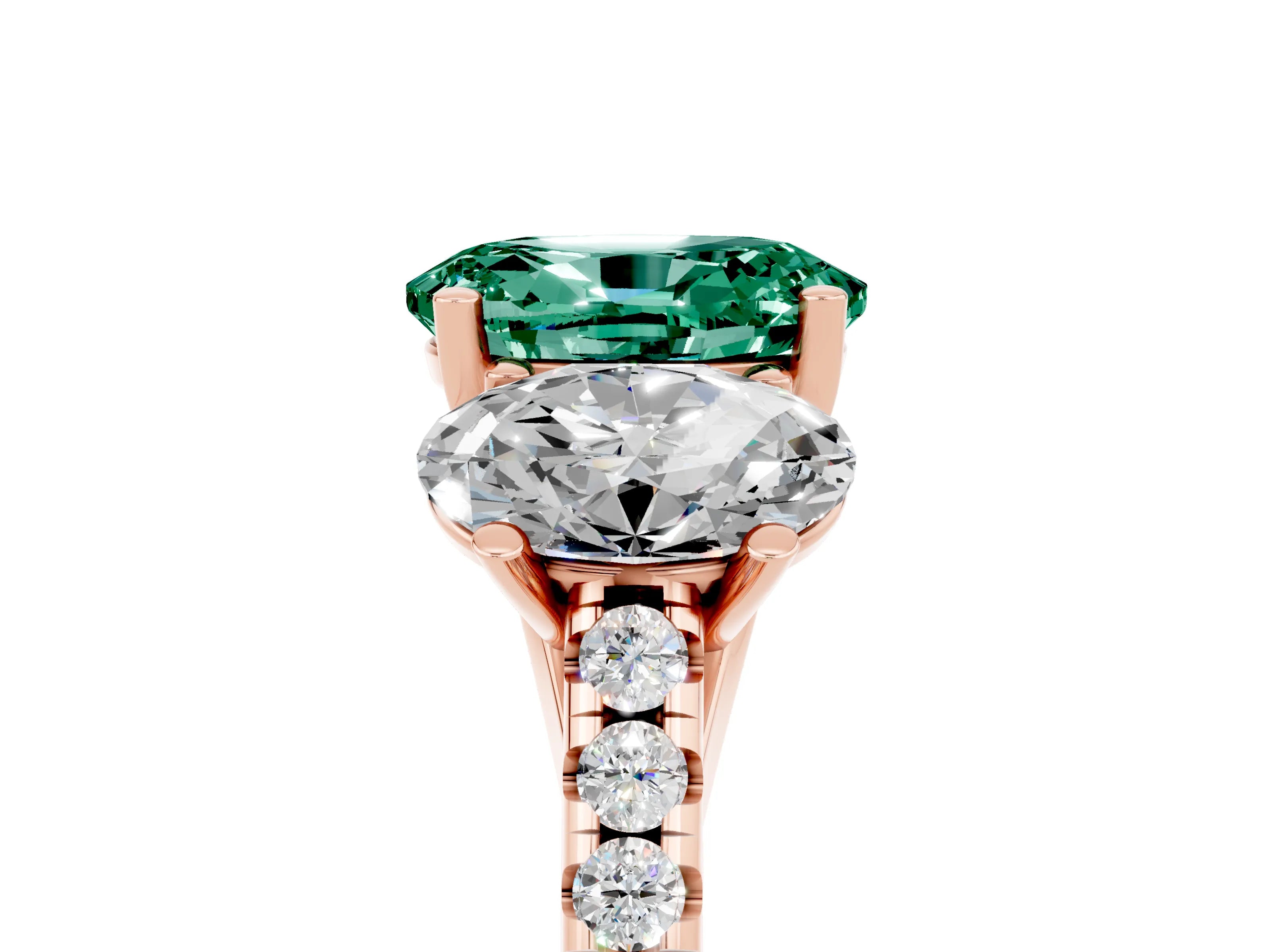Rose gold Three-Stone Oval Cut Green Sapphire Ring with Pavé Band and Prong Setting_17