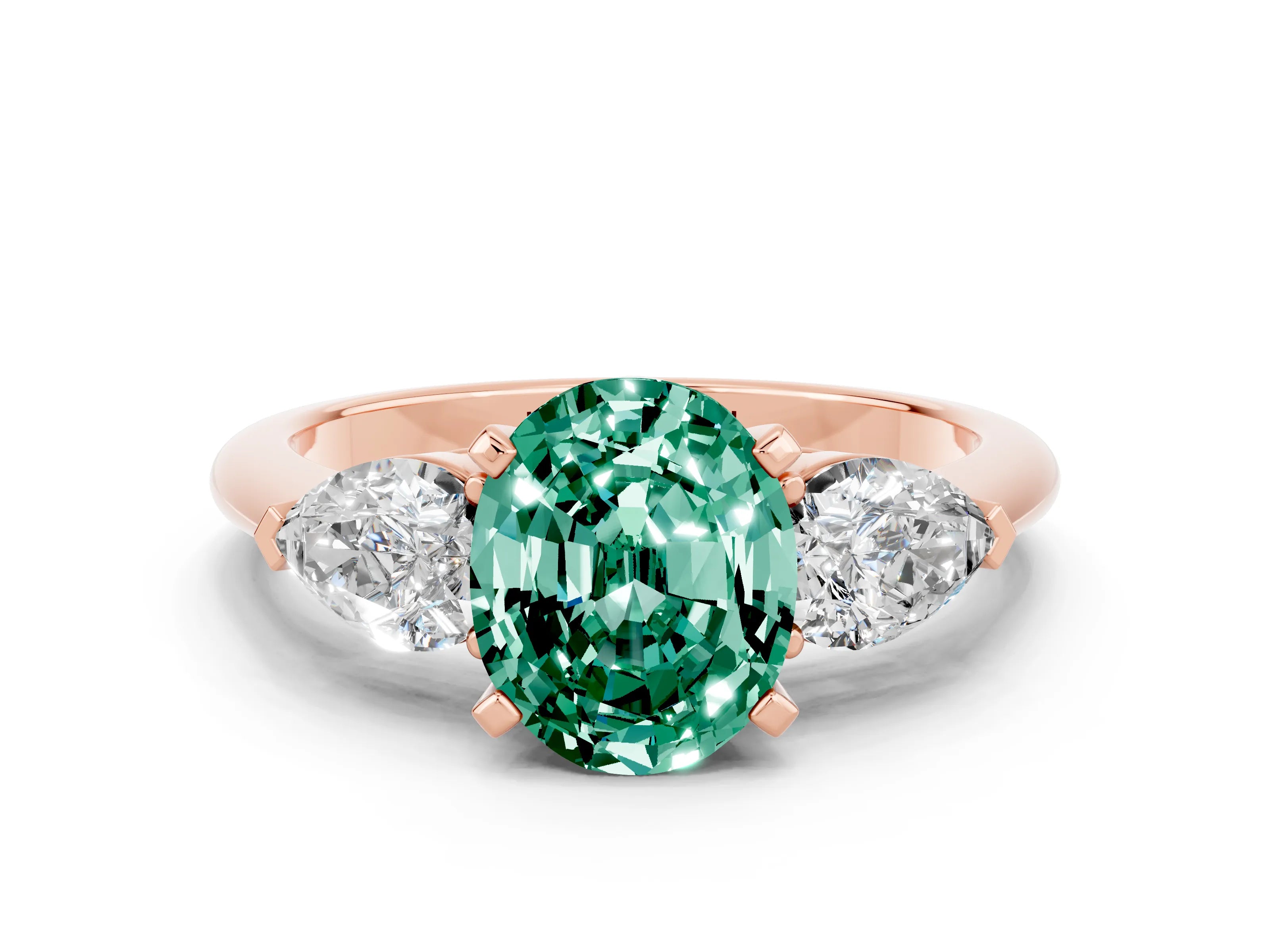 Rose gold Three-Stone Oval Cut Green Sapphire Ring with Pear Side Stones and Four-Prong Setting