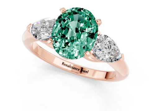 Rose gold Three-Stone Oval Cut Green Sapphire Ring with Pear Side Stones and Four-Prong Setting_1