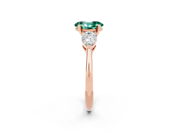 Rose gold Three-Stone Oval Cut Green Sapphire Ring with Pear Side Stones and Four-Prong Setting
