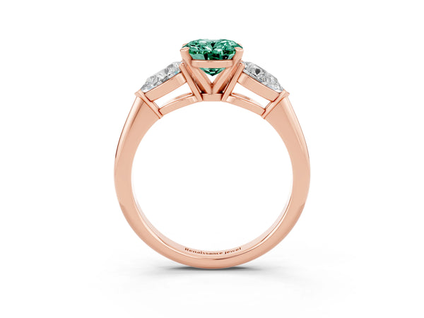 Rose gold Three-Stone Oval Cut Green Sapphire Ring with Pear Side Stones and Four-Prong Setting
