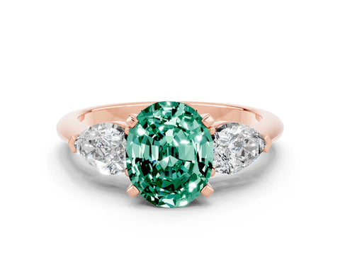 Rose gold Three-Stone Oval Cut Green Sapphire Ring with Pear Side Stones and Four-Prong Setting