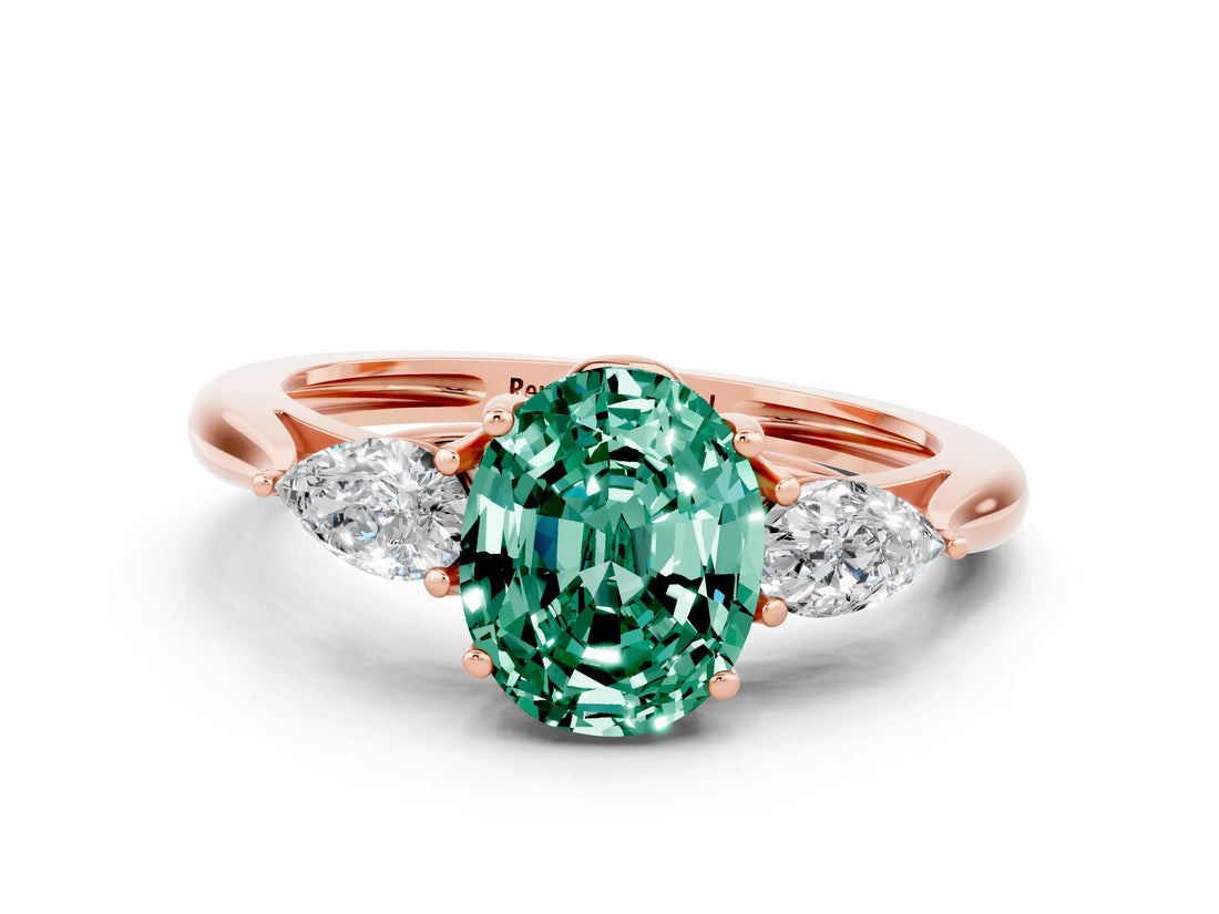 Rose gold Three-Stone Oval Cut Green Sapphire Ring with Pear  Side Stones in Four-Prong Setting_12