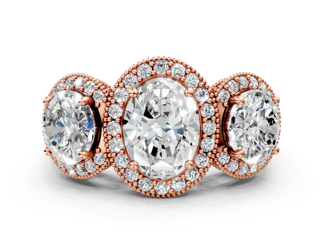 Rose gold Three-Stone Oval Cut Halo Diamond Milgrain Band with Four-Prong Setting_3