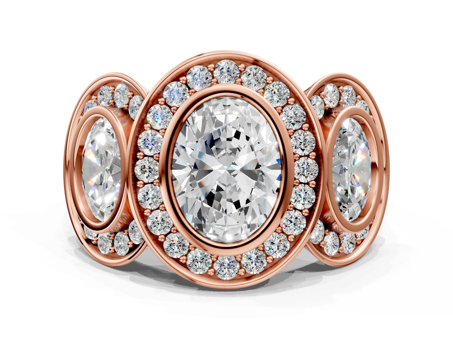 Rose gold Three-Stone Oval Cut Halo Pavé Diamond Ring