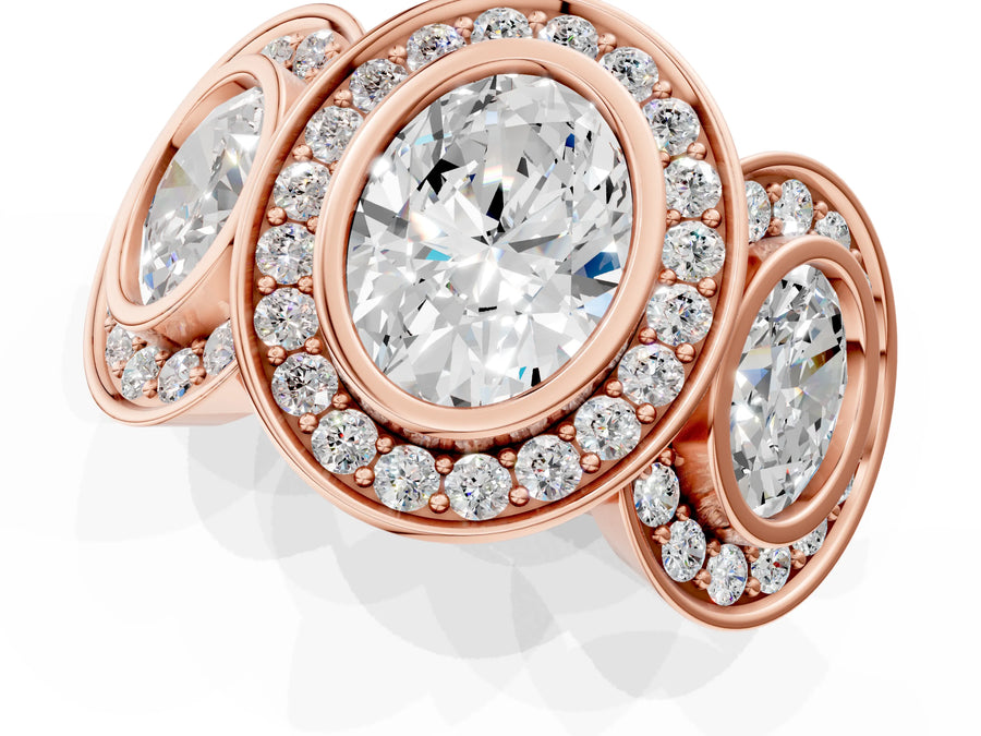 Rose gold Three-Stone Oval Cut Halo Pavé Diamond Ring