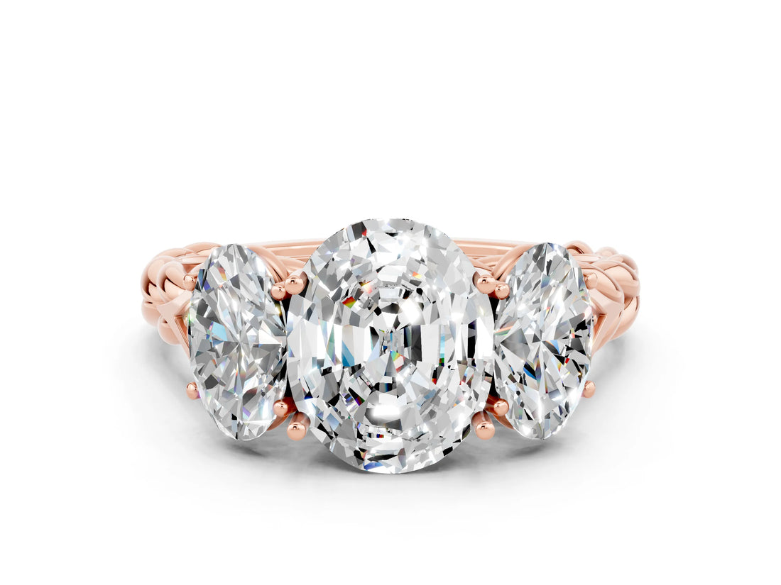 Rose gold Three-Stone Oval Cut Moissanite Braided Band Ring with Four-Prong Setting_12