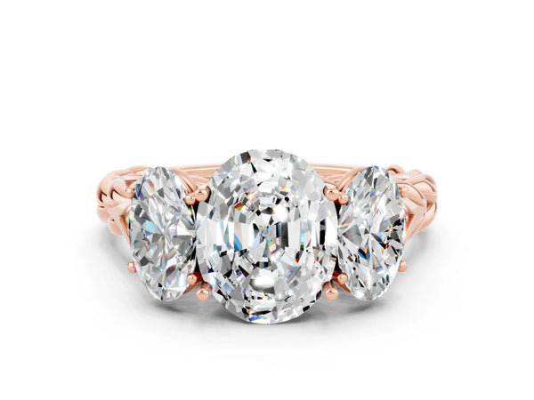 Rose gold Three-Stone Oval Cut Moissanite Braided Band Ring with Four-Prong Setting