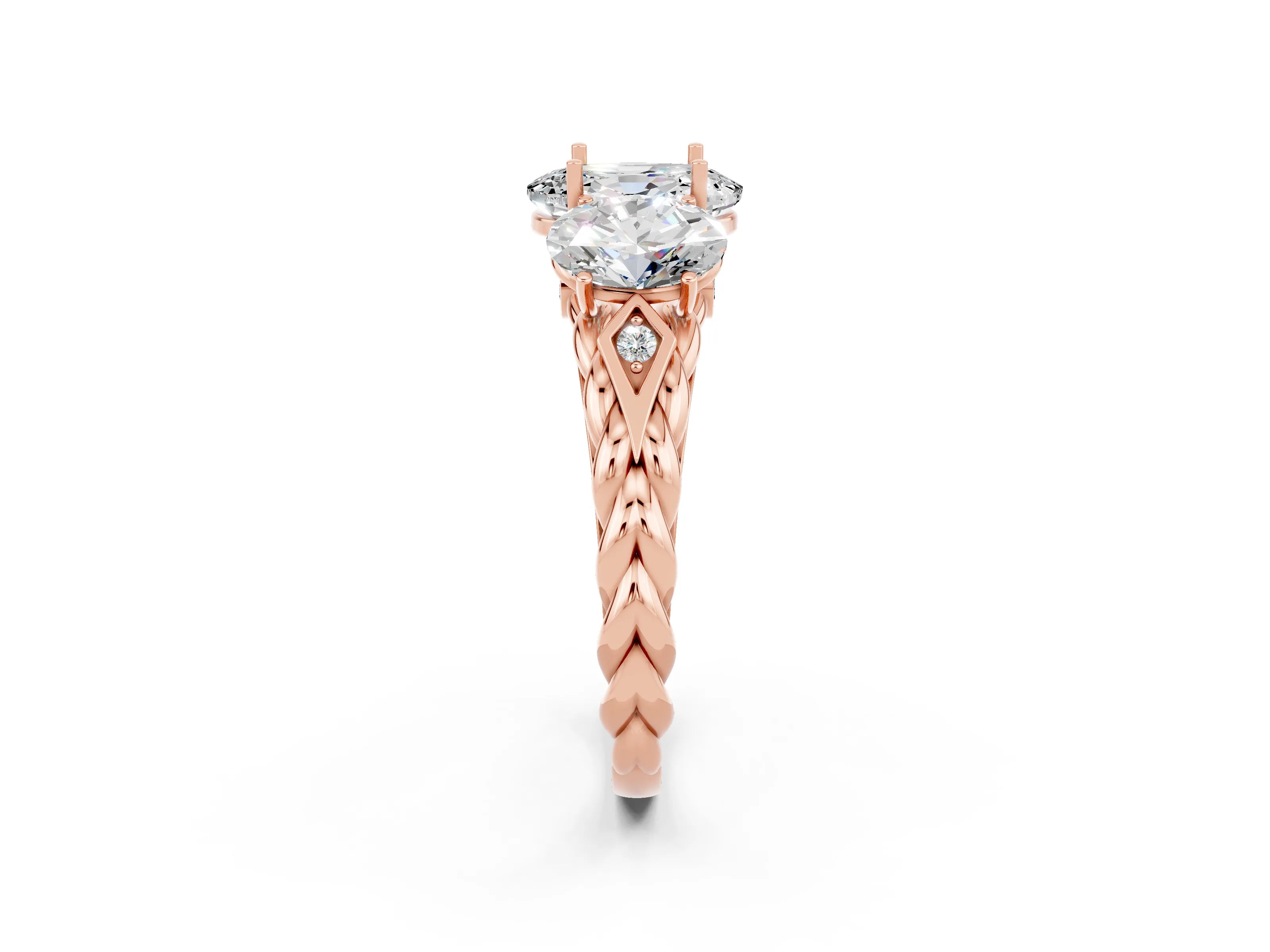 Rose gold Three-Stone Oval Cut Moissanite Braided Band Ring with Four-Prong Setting_14
