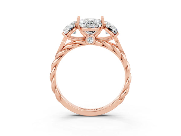 Rose gold Three-Stone Oval Cut Moissanite Braided Band Ring with Four-Prong Setting