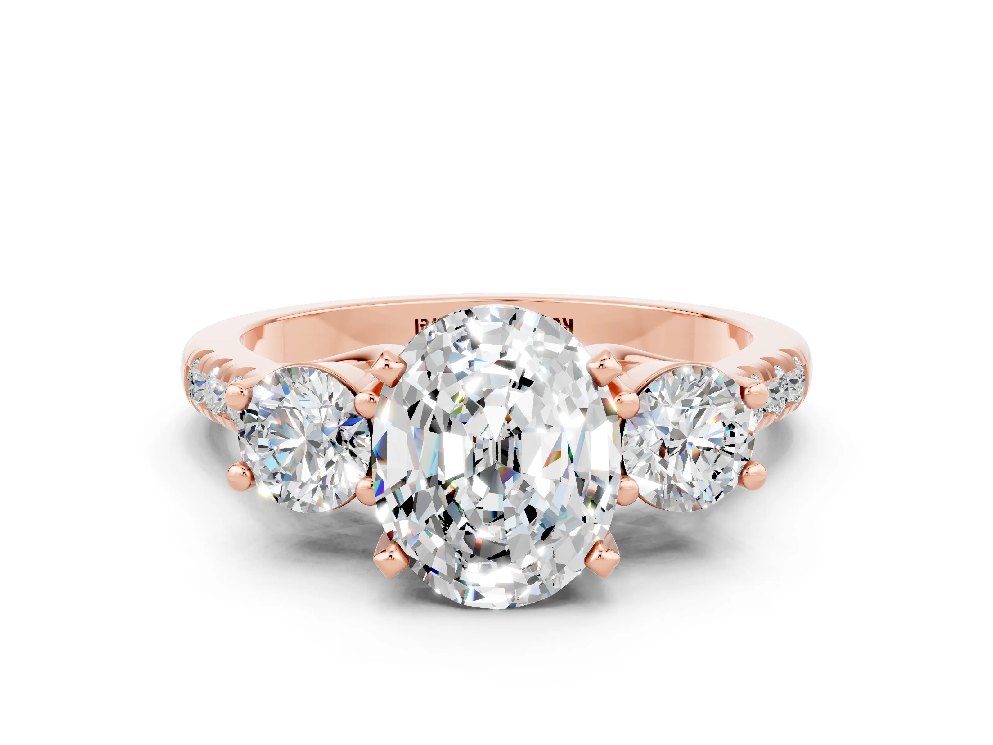 Rose gold Three-Stone Oval Cut Moissanite Pavé Band with Four-Prong Setting