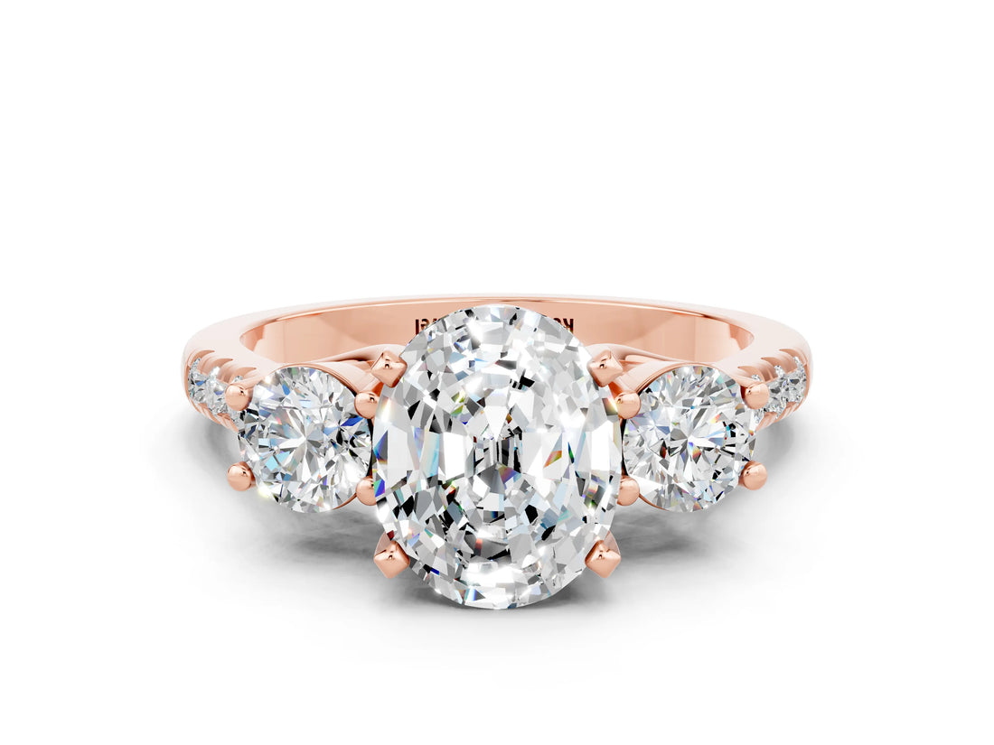 Rose gold Three-Stone Oval Cut Moissanite Pavé Band with Four-Prong Setting