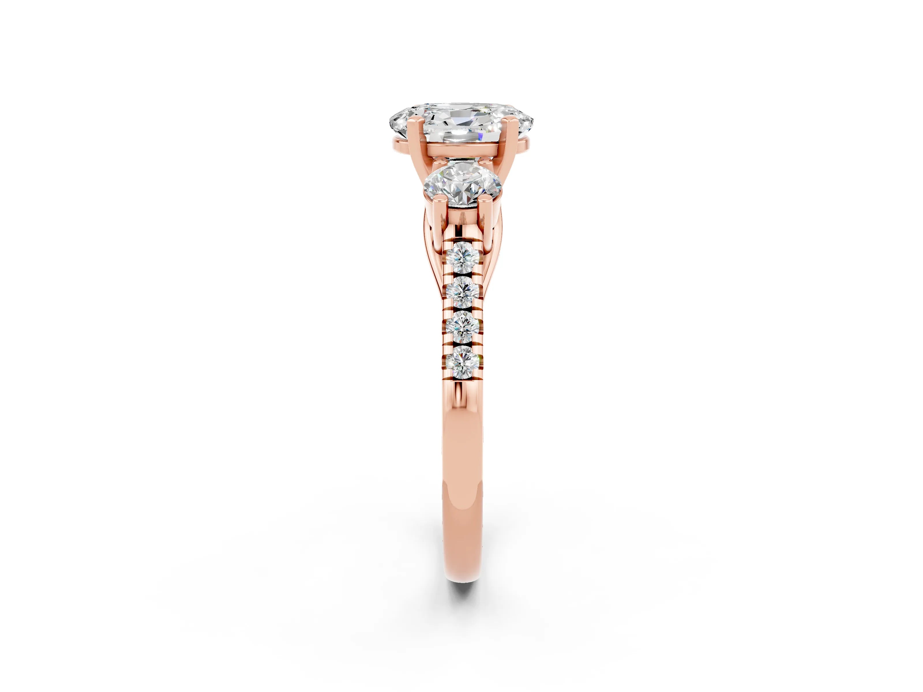 Rose gold Three-Stone Oval Cut Moissanite Pavé Band with Four-Prong Setting_2