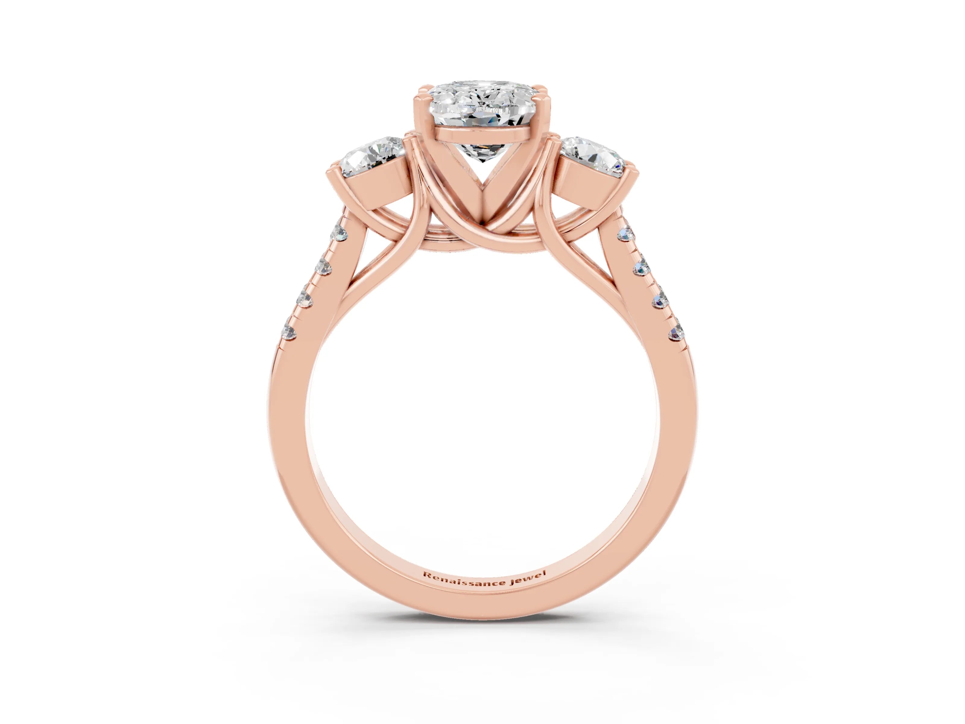 Rose gold Three-Stone Oval Cut Moissanite Pavé Band with Four-Prong Setting_3