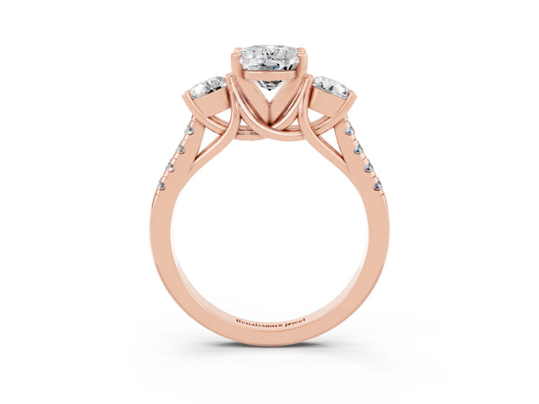 Rose gold Three-Stone Oval Cut Moissanite Pavé Band with Four-Prong Setting