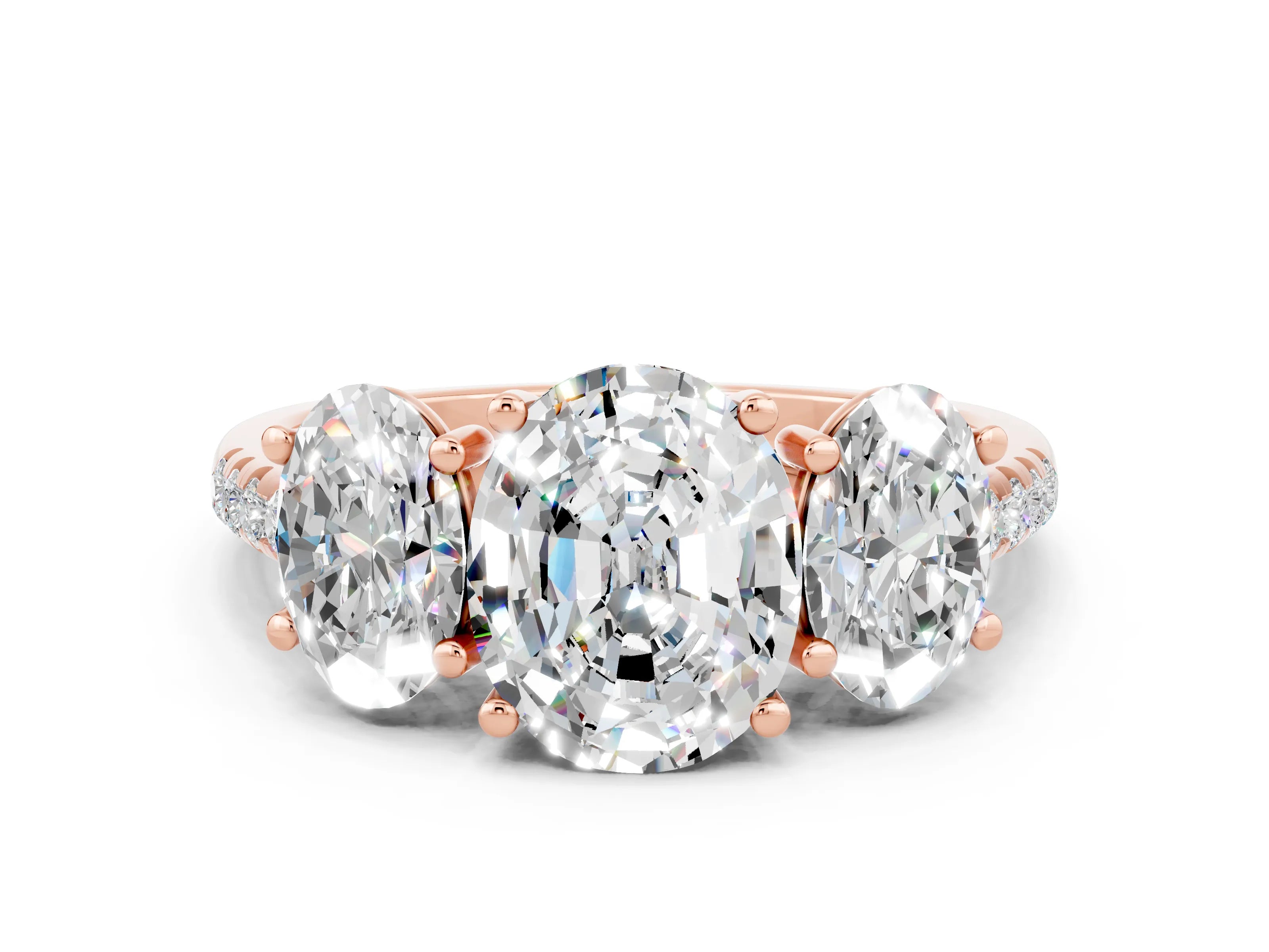 Rose gold Three-Stone Oval Cut Moissanite Ring with Pavé Band and Prong Setting_12
