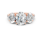 Rose gold Three-Stone Oval Cut Moissanite Ring with Pavé Band and Prong Setting_12