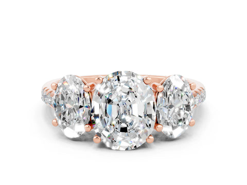 Rose gold Three-Stone Oval Cut Moissanite Ring with Pavé Band and Prong Setting_12